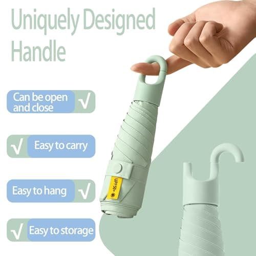 Mini Travel Folding Umbrella With Rotating Open&Close Ring Carabiner Handle for Women Kids - Micro Portable Umbrella Fits Pocket&Handbag,Small Compact,UV Protection,Anti Sun,Teflon,6 Ribs,Rain — view 6
