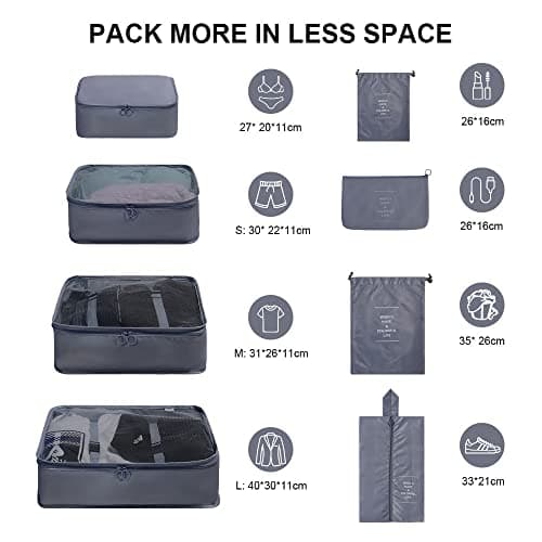 OSDUE Packing Cubes for Suitcase, 8 PCS Travel Organiser Packing Bags Lightweight Waterproof Luggage Packing Organizers for Clothes Shoes, Travel Accessories, Grey — view 2