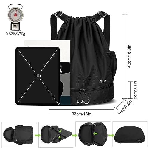 RYACO Drawstring Backpack Sports Gym Bag, Water Resistant String Sackpack Large Size with Zipper and Water Bottle Mesh Pockets for Gym Shopping Sport Yoga School Swimming Beach — view 4