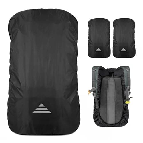 Fiohiros 2pcs Waterproof Backpack Cover with Reflective Strap (15-50L), Lightweight Foldable Rucksack Rain Cover Waterproof Rainproof Snowproof for Hiking Camping Touring Cycling (Black+Black, XS)