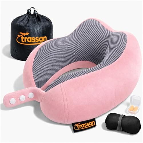 Travel Pillow for Airplane – Memory Foam Neck Pillow for Travel, Ergonomic Adjustable Flight Pillow for Adults, Compact Neck Cushion with Eye Mask, Ear Plugs & Carry Bag (pink)