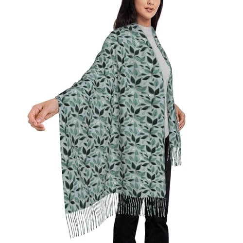 Mint Gray Leaf Print Women Men Fringe Scarf Fashion Accessory For Winter Fall Spring Travel Holiday Wear — view 4