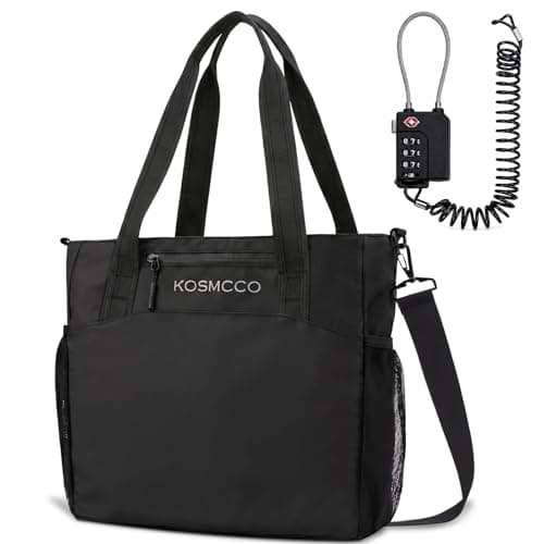 KOSMCCO Beach Tote Bag with Lockable Security Cable, Black