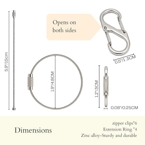 6 Pcs Anti Theft Zipper Clips Travel Set, Zipper Locks with Extendable Wire Keychain Cable for Backpacks, Crossbody Bags and Double/Single Zippers, Silver — view 4