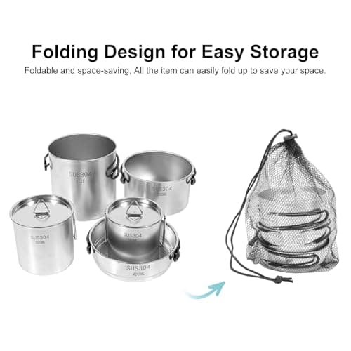 Aomiun 5 PCS Stainless Steel Camping Cookware Set, Camping Pot Pan Cup with Foldable Handles for Backpacking Camping Hiking — view 6