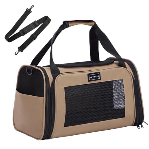 PETSFIT Cat Carrier Airline Approved, Soft Carrier for Small and Medium Cats Under 12 Lbs, Soft Cat Travel Bag, Kitten Carrier with Extendable Mat, Khaki