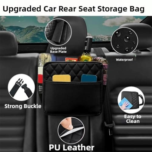FUANA Car Seat Back Organizer with Trash Bag, Multi-Pocket Hanging Storage for Headrest, Foldable Faux Leather Auto Tidy for Travel, Black — view 4