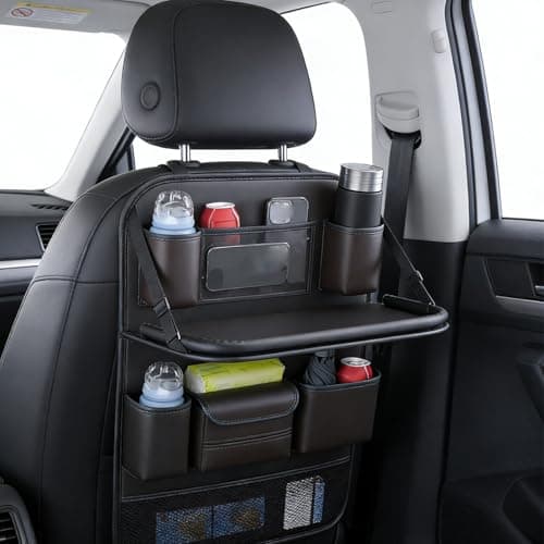 2 Pack Leather Car Backseat Organizer with Foldable Table Tray, Car Storage Organizer with Tablet Holder, Car Seat Back Protectors Kick Mats Travel Accessories, Universal Fit for Most Cars (Black) — view 4