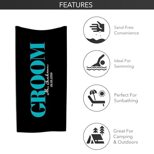 Print Maniacs Personalised Groom Beach Towel with Name and Date Custom Microfibre Towel Large Quick Dry Lightweight Travel Towel Wedding Honeymoon Stag Party Pool Spa Gift for Him — view 4