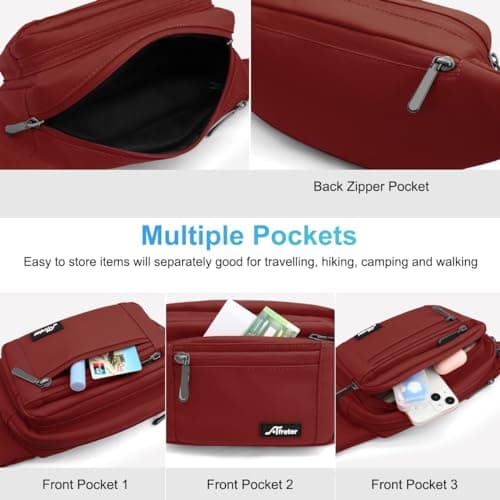 REETEE Waterproof bumbags for Ladies Men Fashion Bum Bag with Adjustable Belt and 5 Zipper Pockets Large Capacity Fanny Pack Waist Bag for Outdoors, Sport, Hiking, Travel (A-Deep red) — view 4