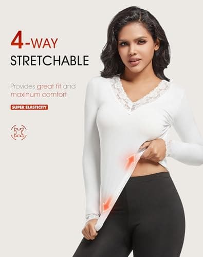 MOSCOAL Fleece Lined Thermal Tops for Women Long Sleeve Lace Trim Base Layer V Neck Shirt, White, M — view 6
