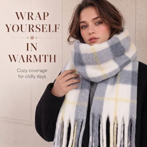 Fjquamitix Womens Blanket Scarves Winter Warm Tartan Plaid with Fringes — view 6