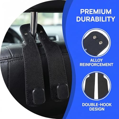Solvio2 Pack Car Headrest Hooks, 2-in-1 Car Seat Back Storage Hooks with Phone Holder, Universal Leather Car Organiser Hanger for Handbags, Purses, Coats, Grocery Bags & Umbrellas (Black) — view 3