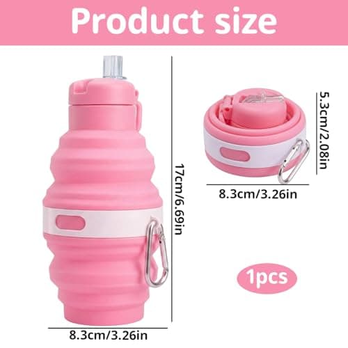 KSVFTB Collapsible Water Bottle, Pink Folding Water Bottle, Portable Silicone Water Bottle with 500ml Capacity for Gym Hiking Camping Cycling Outdoor Hydration — view 2