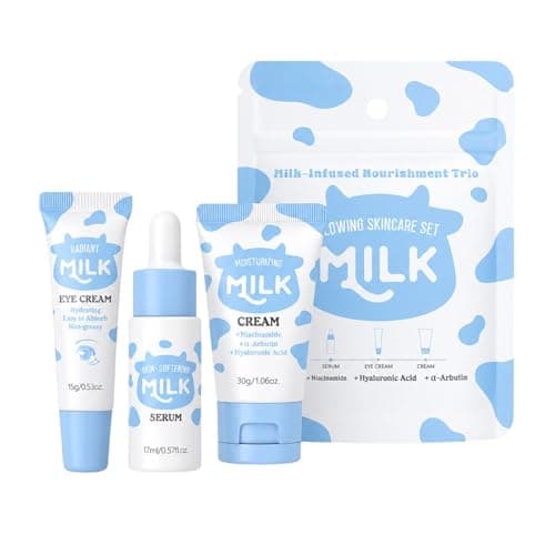 Milk Skincare Set, 3pcs Travel Essentials With Serum, Eye Cream And Moisturiser, Travel Friendly Gift For Her, Women’s Birthday Presents, Teen Girl Daily Routine Pouch, Hydrate and Nourish