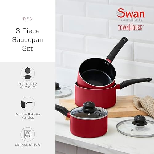 Swan Townhouse 3 Piece Saucepan Set with 16/18/20cm Saucepans, Non-Stick Ceramic Coating, Bakelite Handles, Oven Safe, Red — view 2