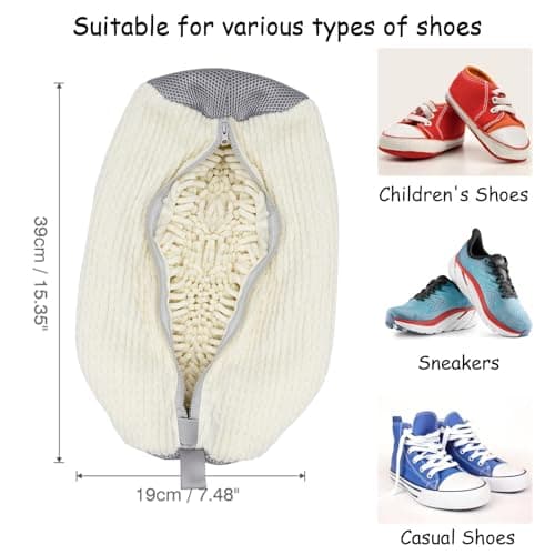 Suzmei Shoe Laundry Bag, Zipper Closure, Hand Brush Simulating Bristles, Reusable for Washing Machine and Dryer, 15.4 x 7.5 x 7.5 inches, Suitable for Tennis, Sports, Casual, Canvas Shoes（2PCS White） — view 2