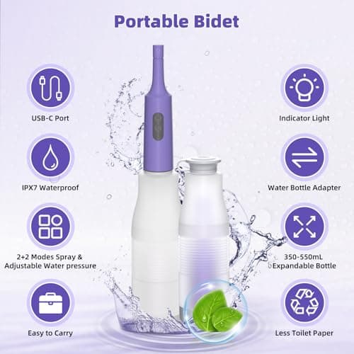 Hibbent Portable Bidet for Travel, High Pressure Electric Handheld Bidet Sprayer, 350-550ML Expandable Bottle for Personal Hygiene, USB-C Rechargeable Waterproof Sprayer for Women & Men, Purple — view 6