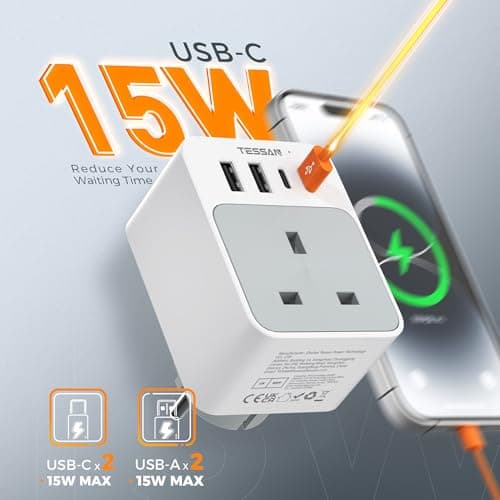 TESSAN UK to European Plug Adapter, Type E F Travel Adapter with USB C — view 3