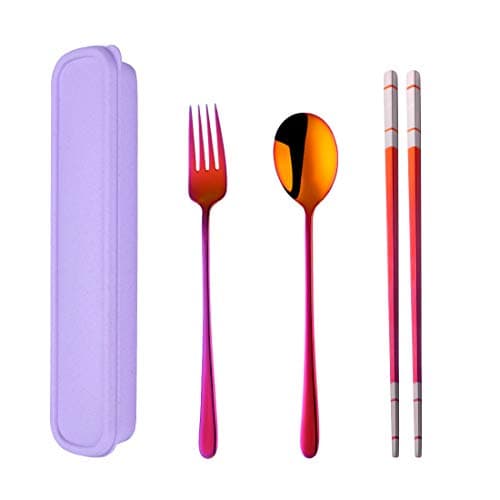 SBOMHS Stainless Steel Portable Travel 3-Piece Cutlery Set with Case Fork Spoon Chopsticks for 1 Camping Flatware for School Picnic Utensils Brown Red