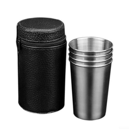 Stainless Steel Shot Glasses Set of 4 with Leather Pouch - Portable Wine Tasting Cups and Hot Beverage Travel Mugs for Camping Picnic Outdoor Use(70ML)