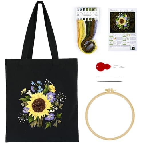 Canvas Tote Bag Embroidery Kits for Beginners Adults, Stamped Embroidery Starter Kit with Floral Pattern, Art DIY Craft Sewing Cross Stitch Kit Tote Bag with Hoop Needles Threads and Instruction