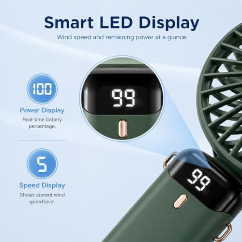 glonest Portable Handheld Fan Rechargeable, Foldable Mini Desk Fan with Smart LED Display, Powerful USB Battery Operated Personal Cooling Fan for Travel Office Home Outdoor Camping (Dark Green) — view 3