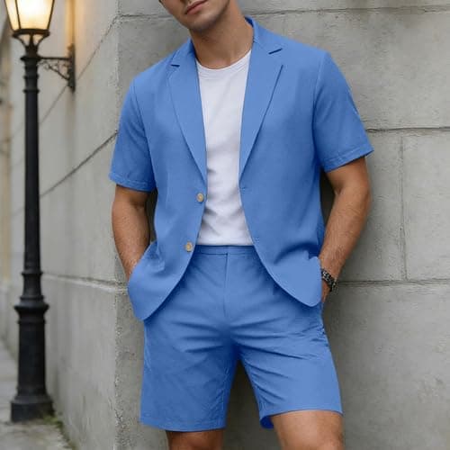 RUMAOZIA Men's Linen Summer Lightweight Suits Short Summer Shirt Set Figure-Shaping Travel Linen Suit Urban Breathable Expedition Oversize Short Sleeve Suit Beach Two Piece Leisure Suit, O Blue, L — view 3