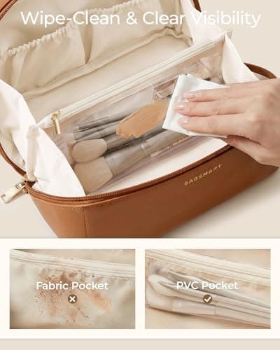 BAGSMART Large Travel Makeup Cosmetic Bag, Lay Flat, Clear Brush Pocket — view 4