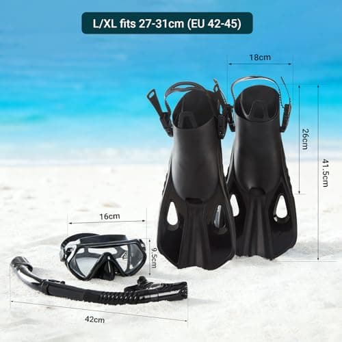 Snorkel Set Adults with Flippers, Snorkel Mask with Adjustable Open-Heel Swim Fins, Snorkeling Packages with Carrying Bag for Beginners and Snorkelers for Pool, Beach & Travel (Black, L/XL) — view 4