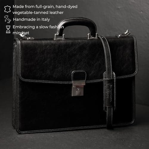 Time Resistance Leather Briefcase - Full Grain Leather Attache Case - Laptop Bag (Black) — view 4