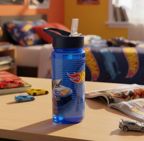 Hot Wheels Water Bottle 500ml Leak-Proof Flip-Top Bottle with Carry Handle BPA-Free, Removable Straw, Portable & Lightweight Ideal for Kids School, Sports & Travel, Blue — view 5