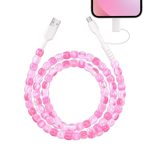 Coolden Multi Charger Cable 2 in 1 USB to USB C Cable for iPhone Charger Cables Fast Charge 60W 3.3FT Girls Cute Beaded Phone Charger Cables for iPhone 17 16 15 14 13, Galaxy S25 S24, iPad-Pink