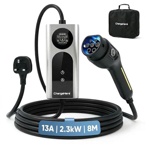 ChargeHere 8M Portable EV Charger Type 2 with UK 3 Pin Plug, Electric Car Granny Charger for Home Charging, Adjustable 6A/8A/10A/13A, LCD Display, 1–10H Delay Timer, IP67 Waterproof for EVs & PHEVs
