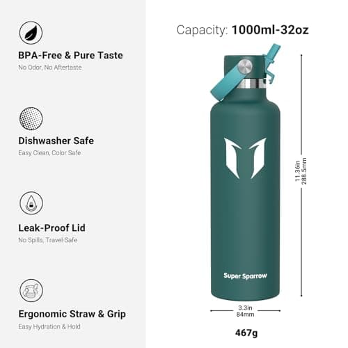 Sparrow Insulated Water Bottle 1L FlipFlow Metal Drinks Bottle with Straw — view 3