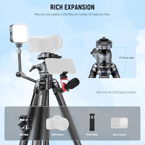 NEEWER LITETRIP LT38 61" Travel Tripod Carbon Fiber for Camera, 360° Pan Tilt Low Profile Ball Head, Flexible Center Axis, Arca QR Plate Compatible with Peak Design Tripod Clip V3, Max Load 22lb — view 6