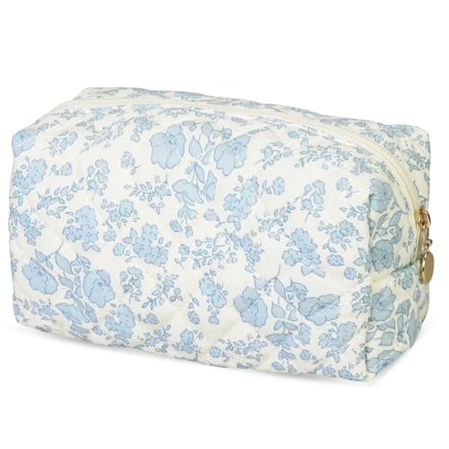 Travel Toiletry Bag, Portable Cotton Travel Coquette, Floral Makeup Bag, Quilted Cosmetic Pouch for Women Girls Bathroom Daily (Blue-02)
