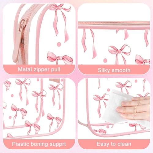 Clear Makeup Bag for Women Girls,Clear Travel Toiletries Bag Pink Bow Cosmetic Bag Travel Toiletry Bag,Waterproof Travel Makeup Bag Travel wash Bag for Travelling Cosmetics Birthday Gifts (Pink) — view 3