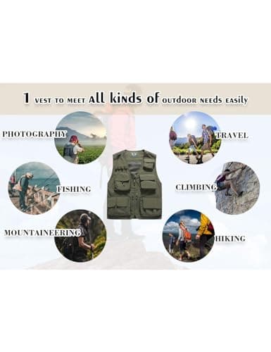 Sukany Men's Leisure Outdoor Work Safari Fishing Travel Cargo Vest Jacket Photo Mesh Waistcoat Multi Pockets Camouflage Army Green 2XL — view 6