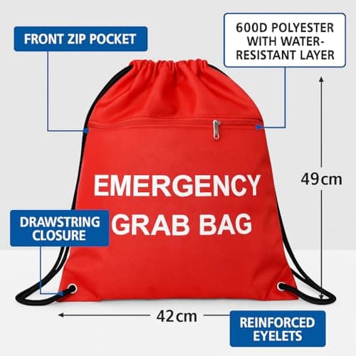 MediCounter Emergency Grab Bag – Water-Resistant Drawstring Emergency Go Bag (42x49cm) with Zip Pocket & Info Tag - Red — view 6