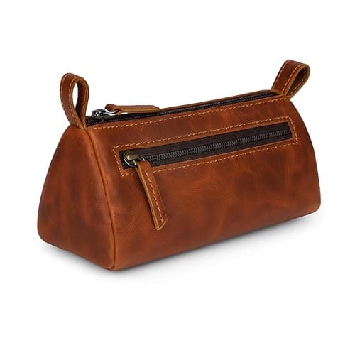 TheAntiq Leather Toiletry Bag Travel Dopp Kit for Men & Women Leather Makeup Organiser with Zipper Compartments Compact Travel Pouch Tan 8x3.5x3.5 Inch