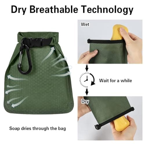 vsshe Travel Soap Bag, Waterproof and Leakproof Soap Travel Storage Bag, Quick Dry Soap Bag, Portable Sealed Storage Bag with Soap Foaming Bag and Carabiner for Travel, Camping, Outdoor (Green) — view 3