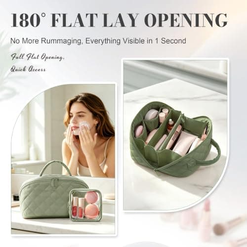 SZMDLX Lay Flat Travel Makeup Bag Olive Green Padded Cosmetic Organiser — view 3