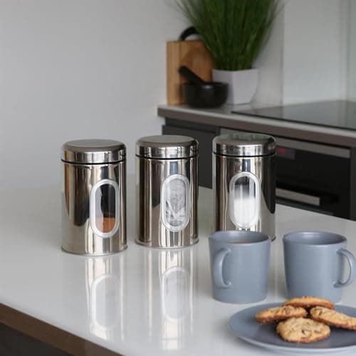 Harbour Housewares Tea Coffee Sugar Canisters Set - 3 Piece - Brushed Kitchen Canisters with Airtight Lids & Transparent Viewing Window - Stainless Steel Storage Tins for Kitchen Bench or Pantry — view 5