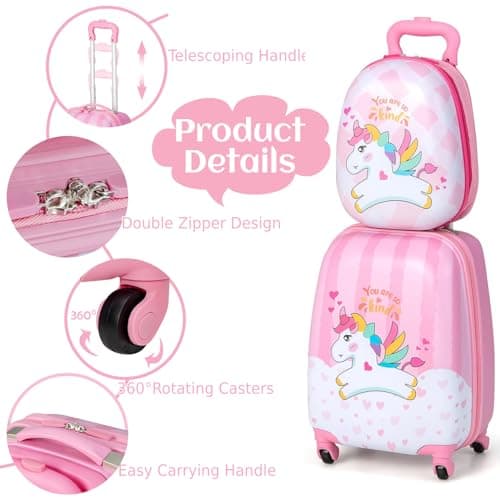 HOMFME 2 PCS Kids Luggage Set, Children Suitcase and Backpack Set with Adjustable Handle and Universal Wheels, Hard Shell Toddler Trolley Case for Travel School (12 + 16 Inch, Pink Unicorn) — view 5