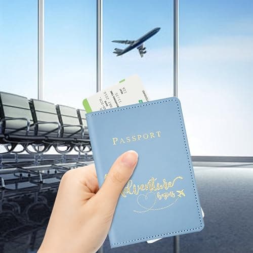 FUZVOL Passport Holder PU Leather Passport Cards Cover for Documents, Passport Wallet for Credit Card, Business Cards, Money, Travel Wallet Women & Men Travel Boarding Accessories, Blue — view 3