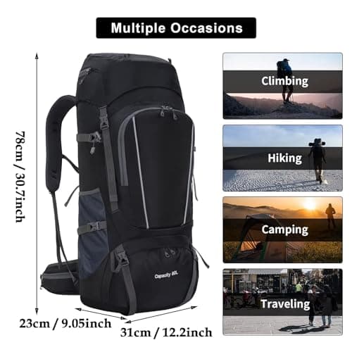 Ezmina 80L Hiking Backpack with Rain Cover Large Camping Rucksack for Men Women Lightweight Travel Backpacking Waterproof Trekking Bag Hiker Daypack for Touring Climbing Outdoor Sport Mountaineering — view 4