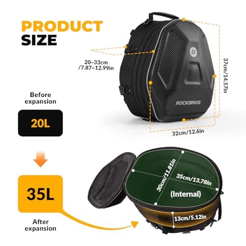 ROCKBROS 20-35L Motorbike Saddle Bag Hard Shell Waterproof Motorcycle Tail Bag with Rain Cover for Storage, Travel, Cycling — view 2