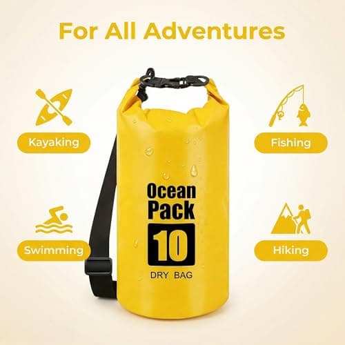 RONGZUBAT 10L Waterproof Dry Bag with Shoulder Strap, Roll Top Dry Sack for Towels and Clothes, Waterproof Bag for Kayaking, Paddle Boarding, Boating, Beach, Camping and Travel - Yellow — view 3