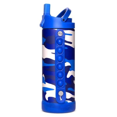 Elemental Iconic 414ml Triple-Wall Insulated Water Bottle with Straw – Sports-Lid & Pop Fidget Handle – Leakproof Stainless Steel Sports Water Bottle for Hot & Cold Drinks – Blue Camo